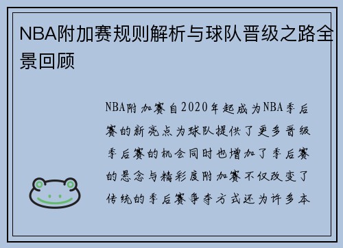 NBA附加赛规则解析与球队晋级之路全景回顾