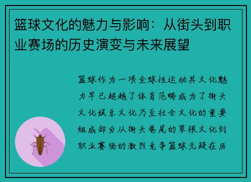 篮球文化的魅力与影响：从街头到职业赛场的历史演变与未来展望