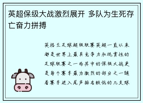 英超保级大战激烈展开 多队为生死存亡奋力拼搏