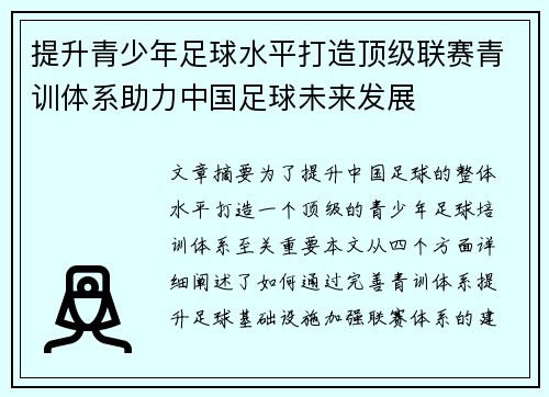 提升青少年足球水平打造顶级联赛青训体系助力中国足球未来发展