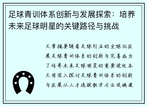 足球青训体系创新与发展探索：培养未来足球明星的关键路径与挑战