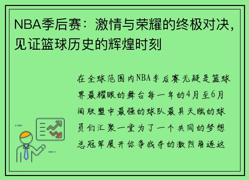 NBA季后赛：激情与荣耀的终极对决，见证篮球历史的辉煌时刻