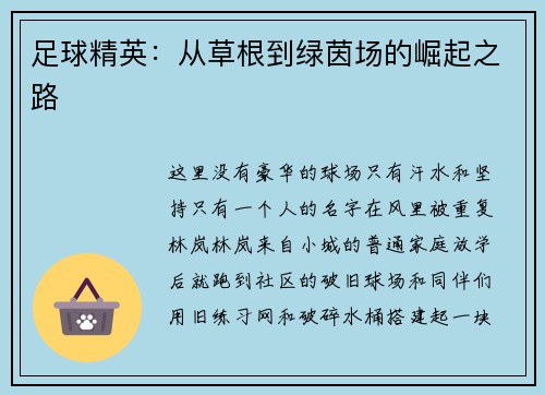 足球精英：从草根到绿茵场的崛起之路