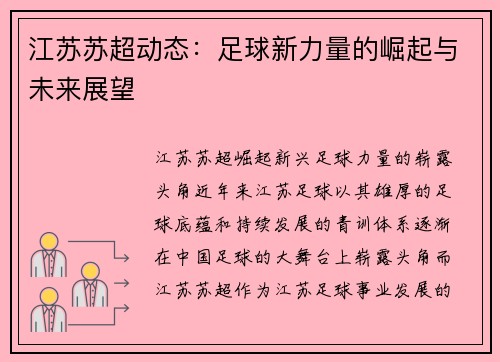 江苏苏超动态：足球新力量的崛起与未来展望